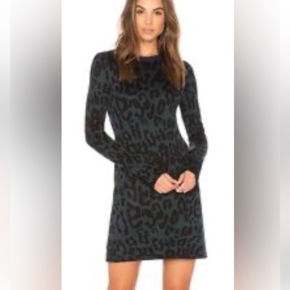John + Jenn Leopard Print Sweater Dress Dark Green Black Long Sleeve Mini SZ M